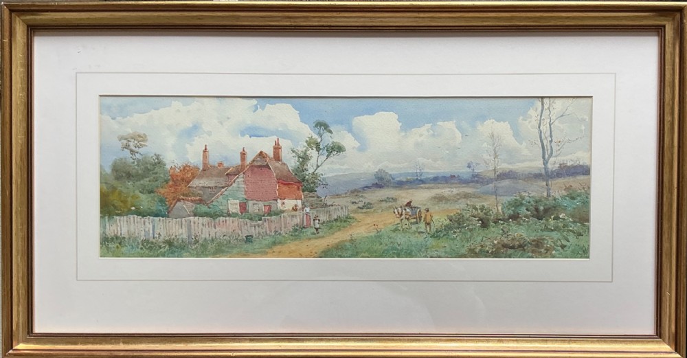 A panoramic Victorian watercolour painting depicting a rural English landscape featuring a timber and brick cottage with chimneys, figures beside a wooden fence, and a horse and cart on a dirt path under a cloudy sky. View II