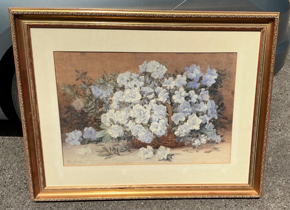 A watercolour painting depicting an overflowing basket of white and light blue azalea flowers with green foliage against a neutral brown background. View II