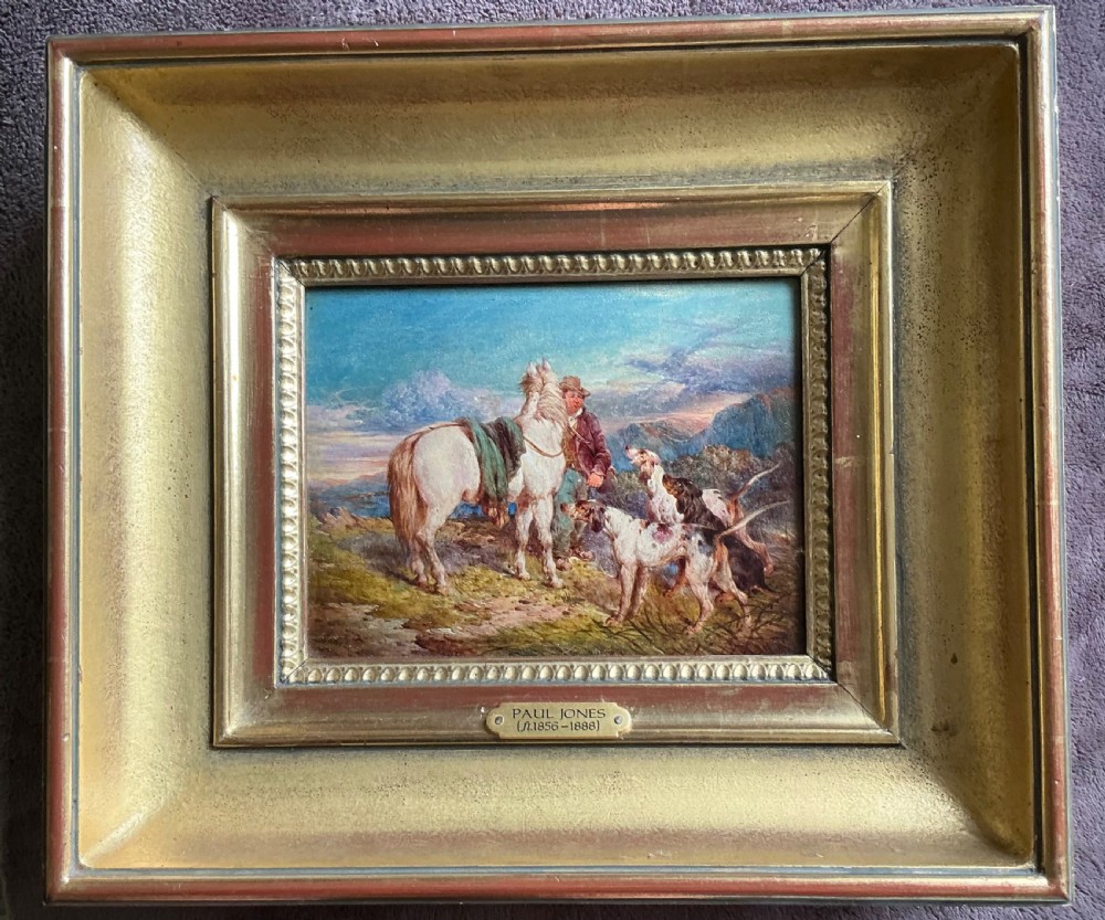An oil painting depicting a grey pony, a man in a hat, and three hunting hounds standing in a mountainous landscape under a blue sky. View II