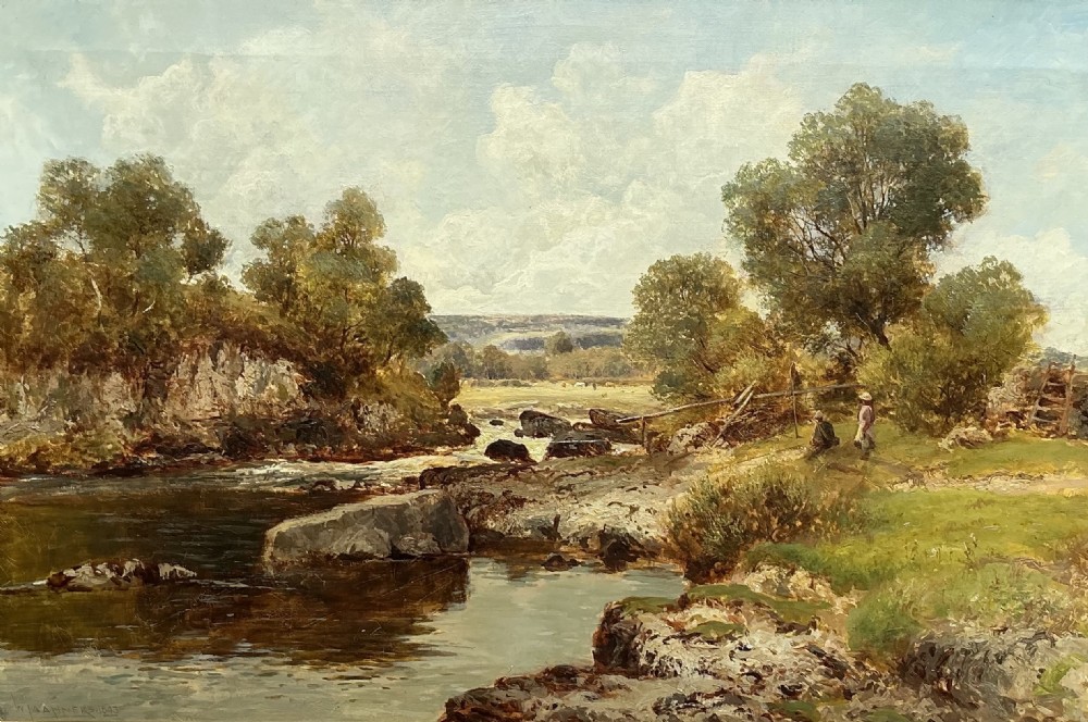 An antique oil painting depicting a rocky river winding through a green landscape with trees and two figures on the bank.