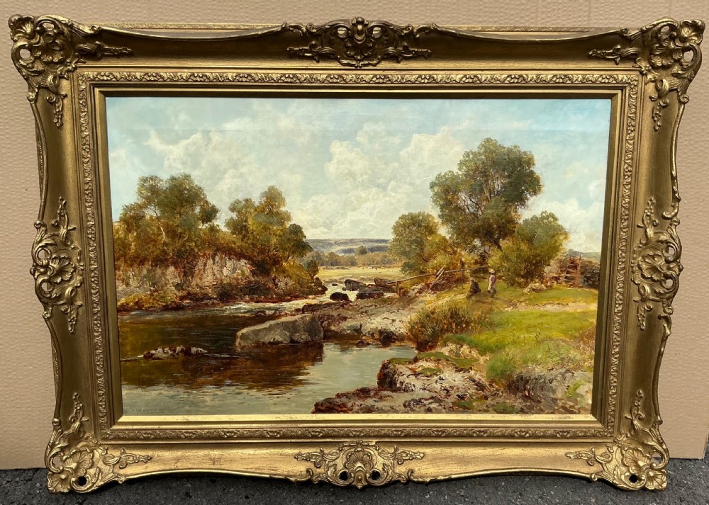 An antique oil painting depicting a rocky river winding through a green landscape with trees and two figures on the bank. View II