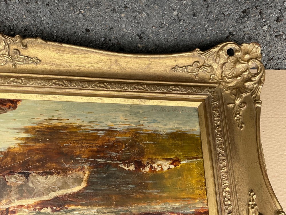 An antique oil painting depicting a rocky river winding through a green landscape with trees and two figures on the bank. View III