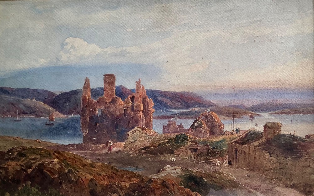 A 19th-century watercolour painting depicting a stone castle ruin on a rocky coast overlooking a bay with distant hills.
