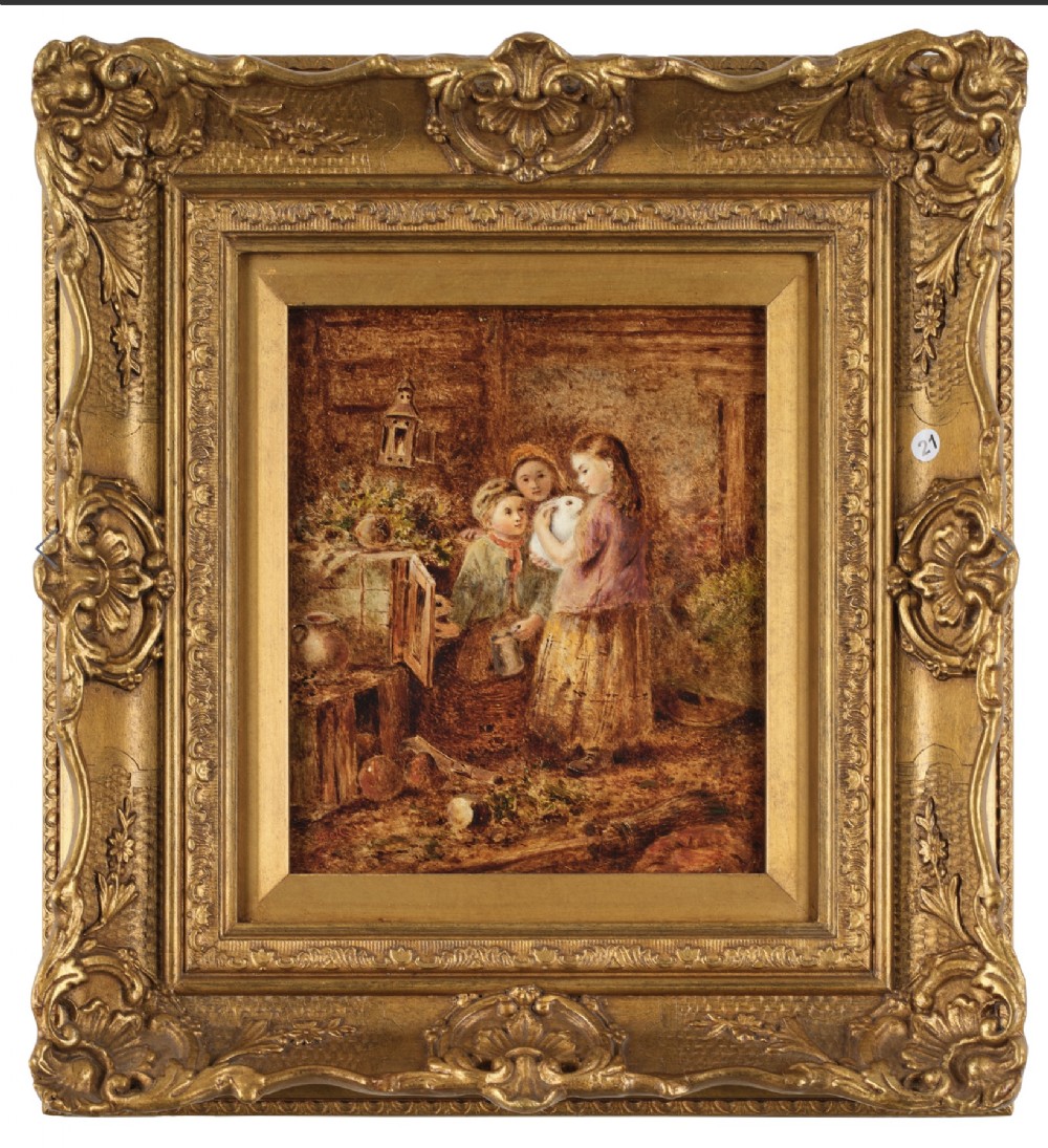 A Victorian oil painting depicting three children in a barn holding a white rabbit, set inside an ornate carved gilt frame.