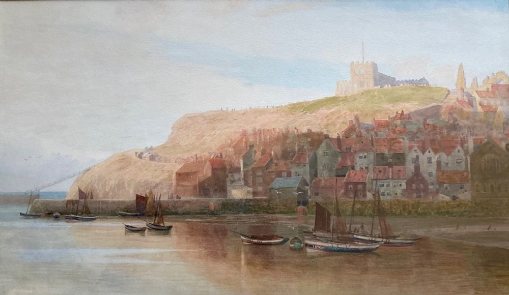 A nineteenth-century watercolour painting depicting Whitby harbour with fishing boats in the foreground and St Marys Church and Whitby Abbey positioned on the cliff top above red-roofed buildings.