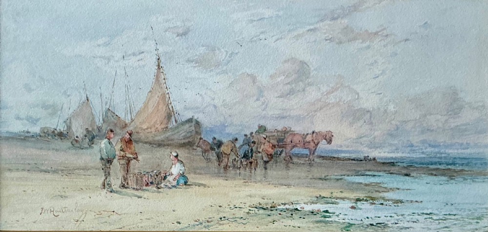 A late 19th-century watercolour painting depicting fishermen, horse carts, and beached sailing boats at low tide along the Norfolk shore.
