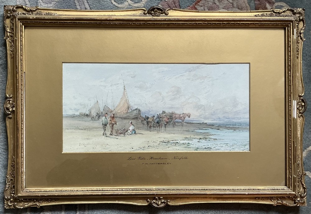 A late 19th-century watercolour painting depicting fishermen, horse carts, and beached sailing boats at low tide along the Norfolk shore. View II