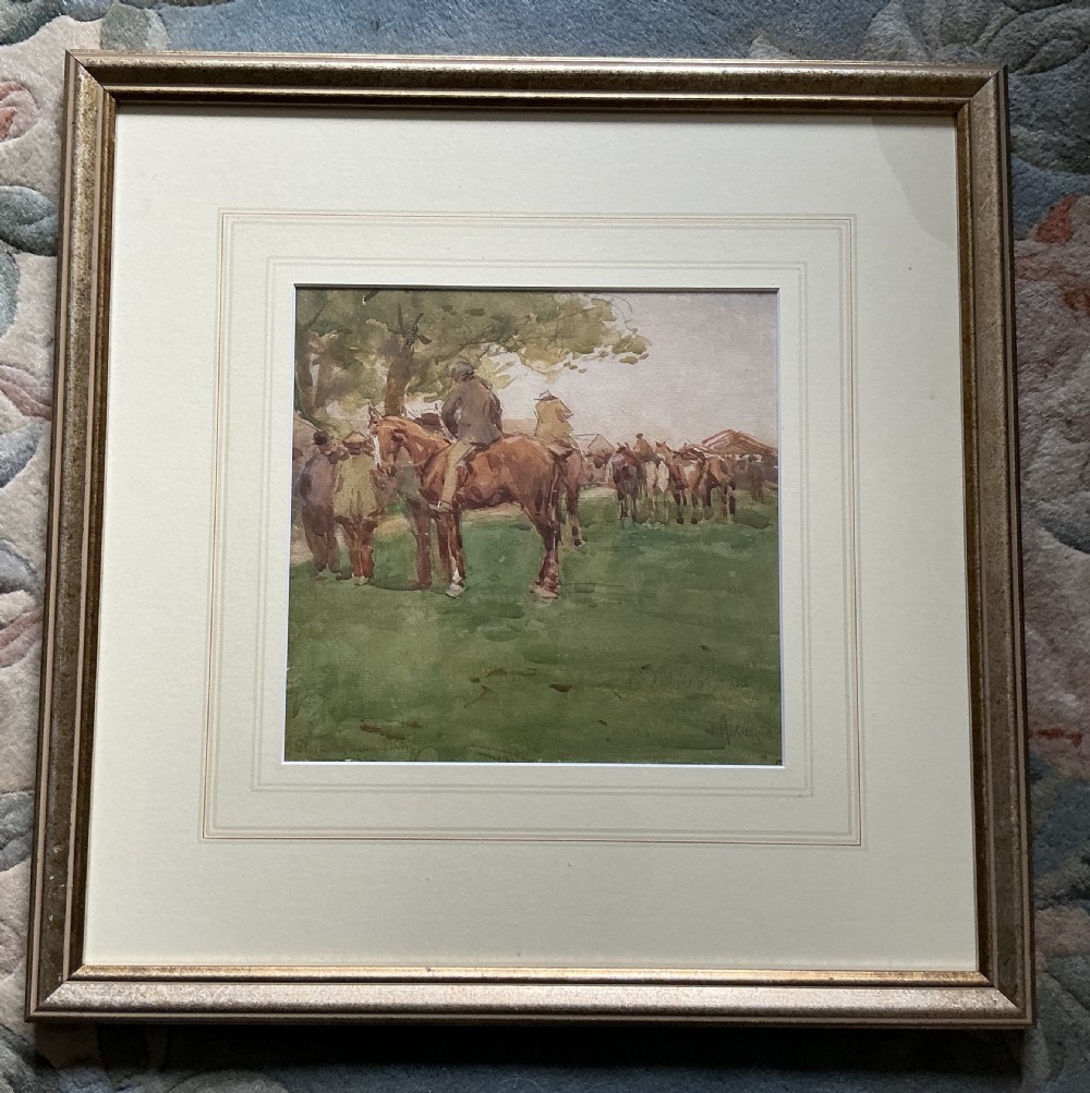 A watercolour painting depicting several equestrian figures and horses gathered on a grassy field at a rural horse fair. View II