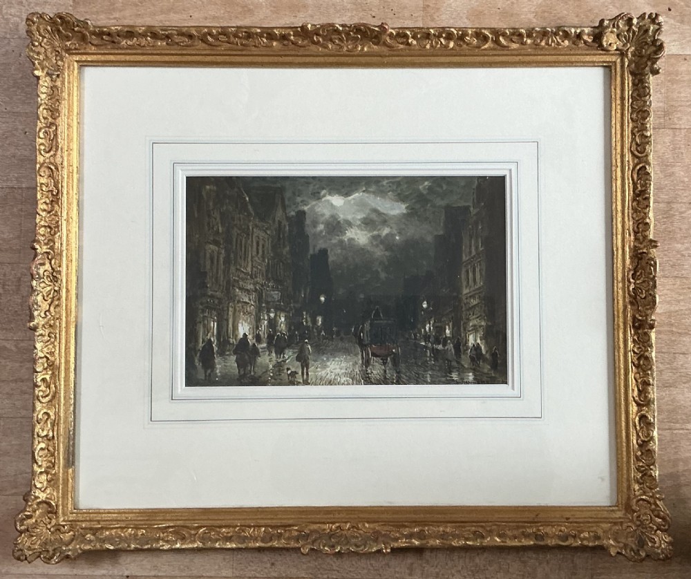 A Victorian nocturnal watercolour painting depicting a busy town street with figures, a horse-drawn carriage, and illuminated shopfronts under a cloudy moonlit sky. View II
