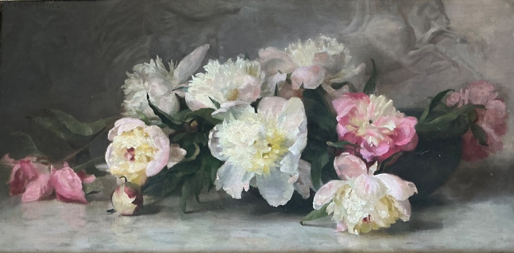 An antique oil painting depicting a horizontal arrangement of white and pink peonies resting across a surface against a muted grey backdrop.