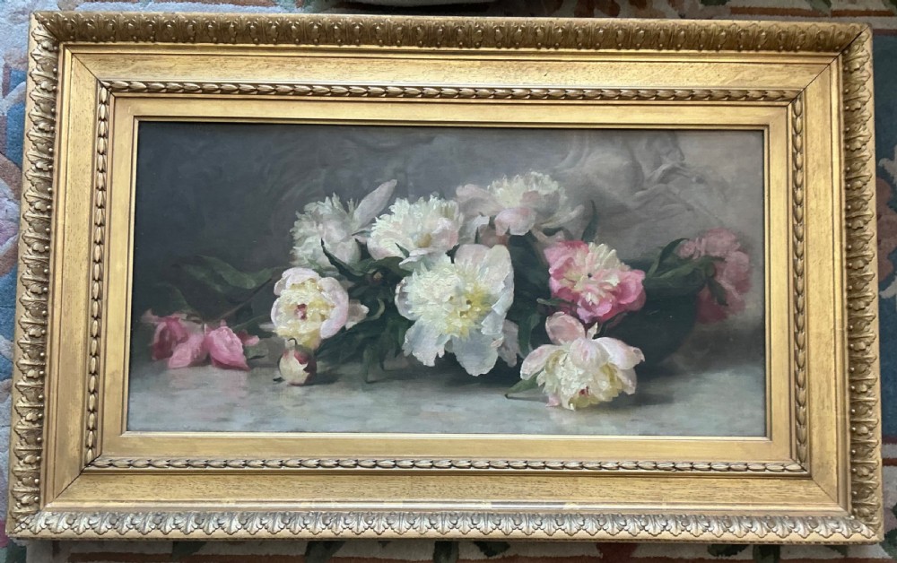 An antique oil painting depicting a horizontal arrangement of white and pink peonies resting across a surface against a muted grey backdrop. View II