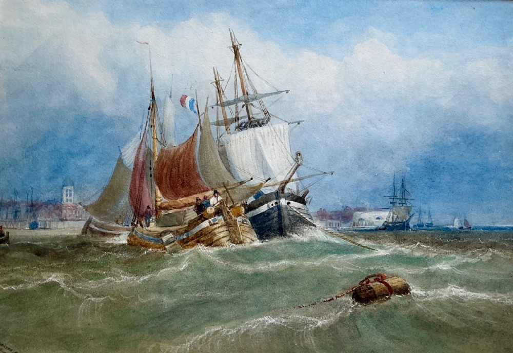 A 19th-century watercolour painting depicting wooden fishing vessels and sailing ships navigating choppy green waves off a coastal town under a cloudy blue sky.