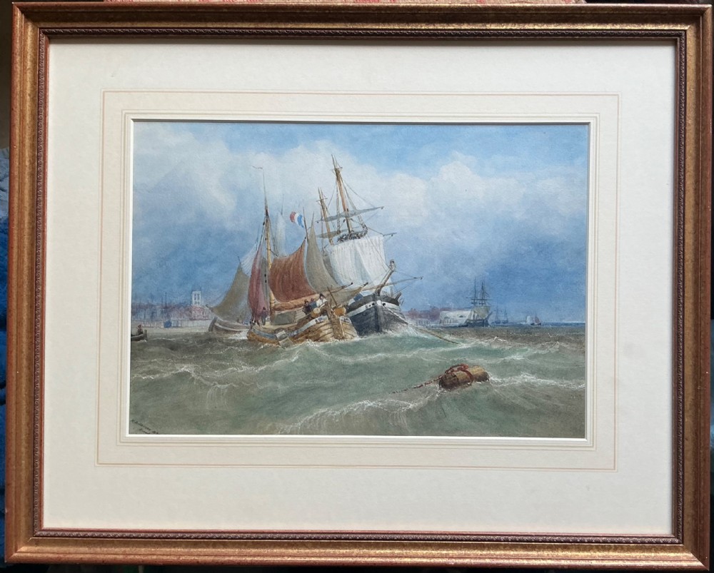 A 19th-century watercolour painting depicting wooden fishing vessels and sailing ships navigating choppy green waves off a coastal town under a cloudy blue sky. View V