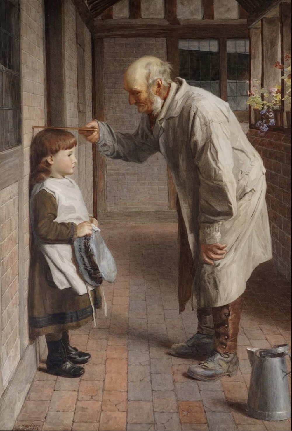 A Victorian watercolour painting depicting an elderly man measuring a young girl in a brown dress against a brick wall.