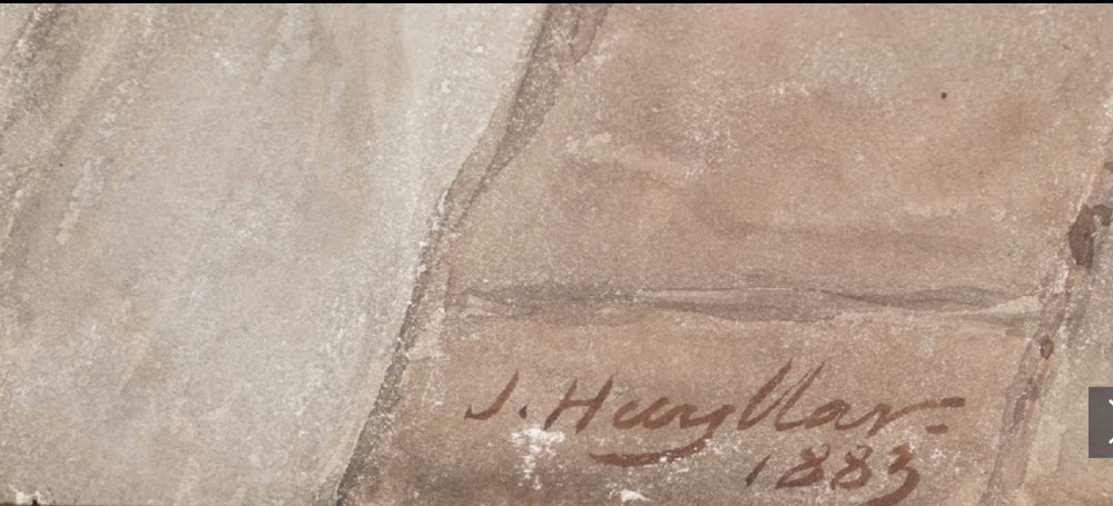 A Victorian watercolour painting depicting an elderly man measuring a young girl in a brown dress against a brick wall. View III