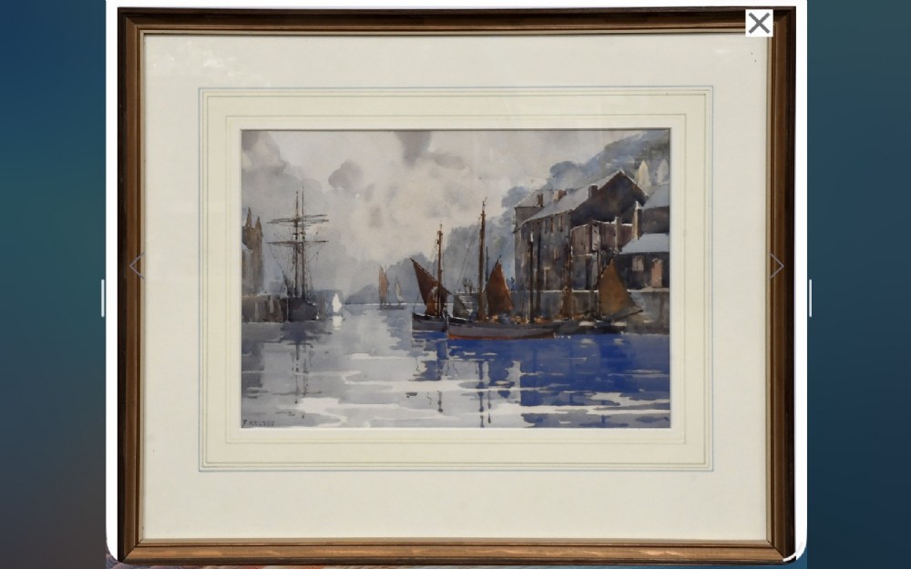 A framed watercolour painting depicting sailing vessels and stone harbour buildings under a cloudy sky in Looe, Cornwall. View II