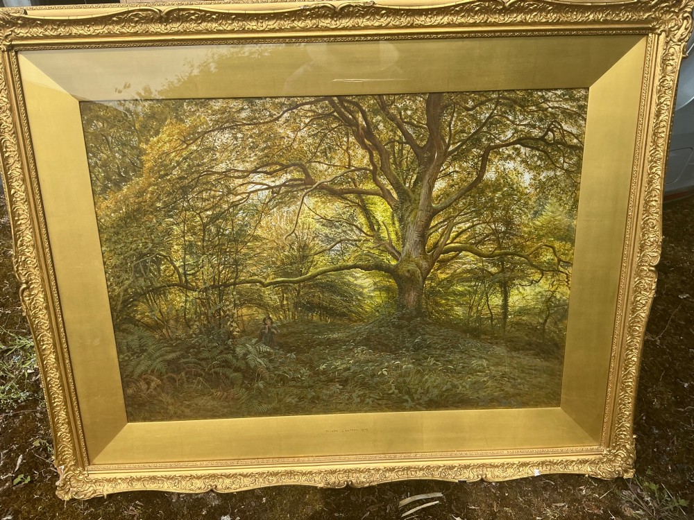 A detailed Victorian watercolour painting depicting a dense green woodland dominated by a large spreading oak tree above ferns and forest vegetation. View II