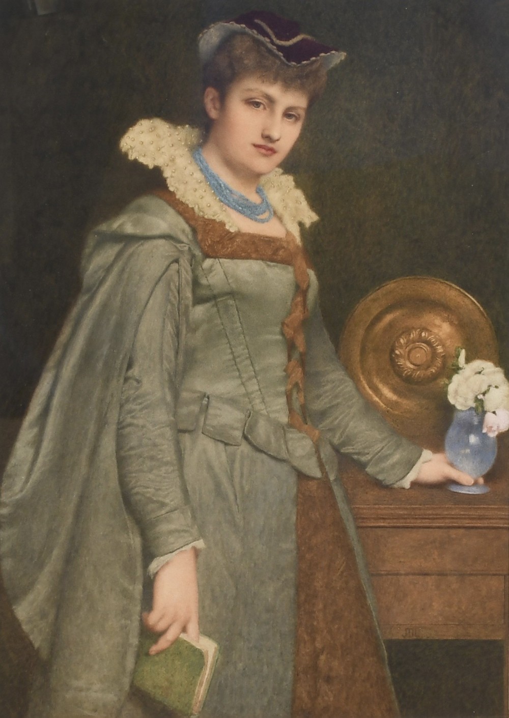 A Victorian watercolour painting depicting a woman in historical Renaissance attire with a lace ruff collar, holding a green book beside a table with a small blue vase and brass platter.
