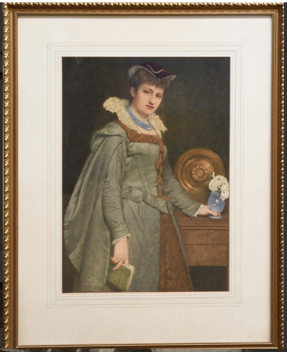 A Victorian watercolour painting depicting a woman in historical Renaissance attire with a lace ruff collar, holding a green book beside a table with a small blue vase and brass platter. View II