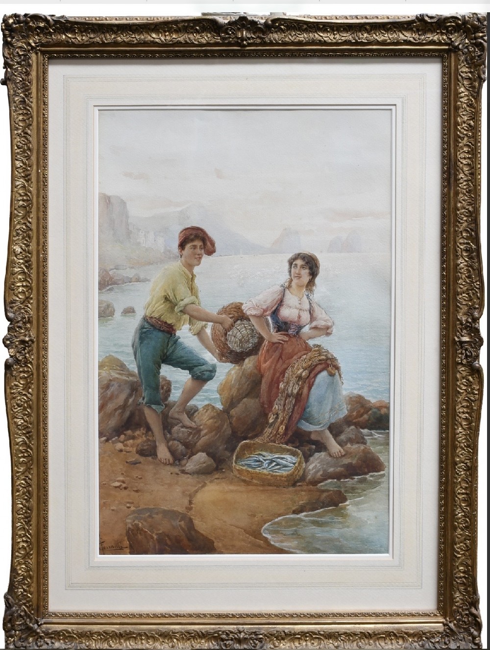 A nineteenth-century watercolour painting depicting a young man and woman in traditional attire resting on coastal rocks with woven baskets and fishing nets by the sea. View II