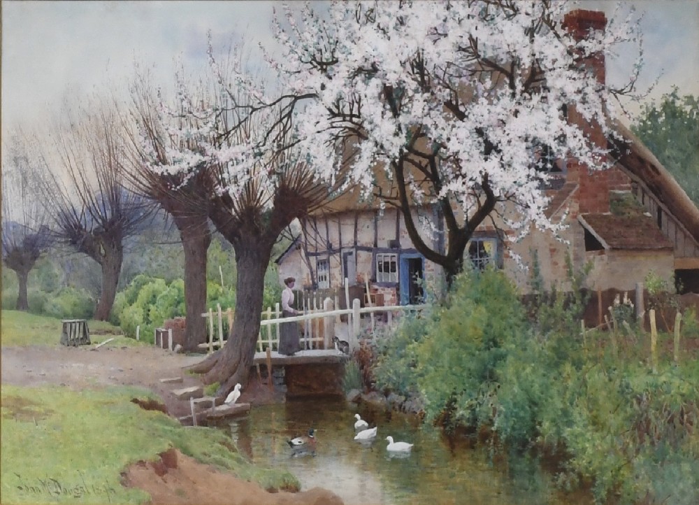 A framed watercolour painting by John McDougal depicting a thatched country cottage, a blossoming tree, and ducks in a stream within a beaded gilt frame. View II