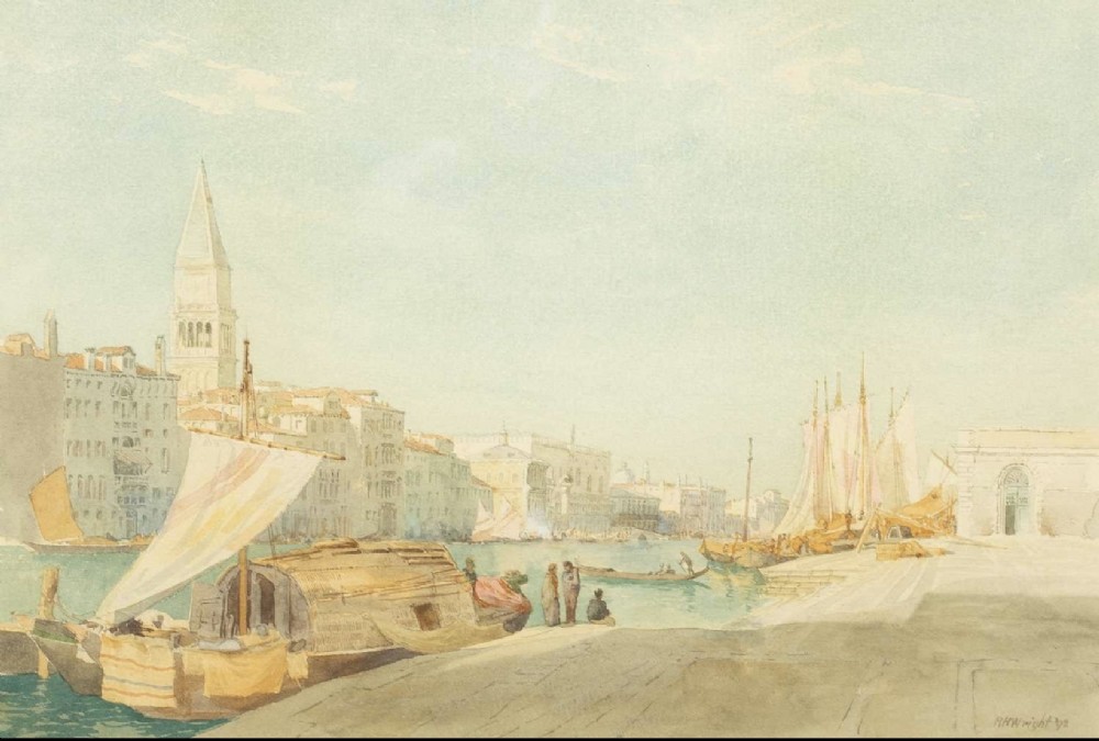 A late nineteenth-century watercolour painting depicting sailing vessels and figures at the steps of Santa Maria della Salute along the Grand Canal in Venice.