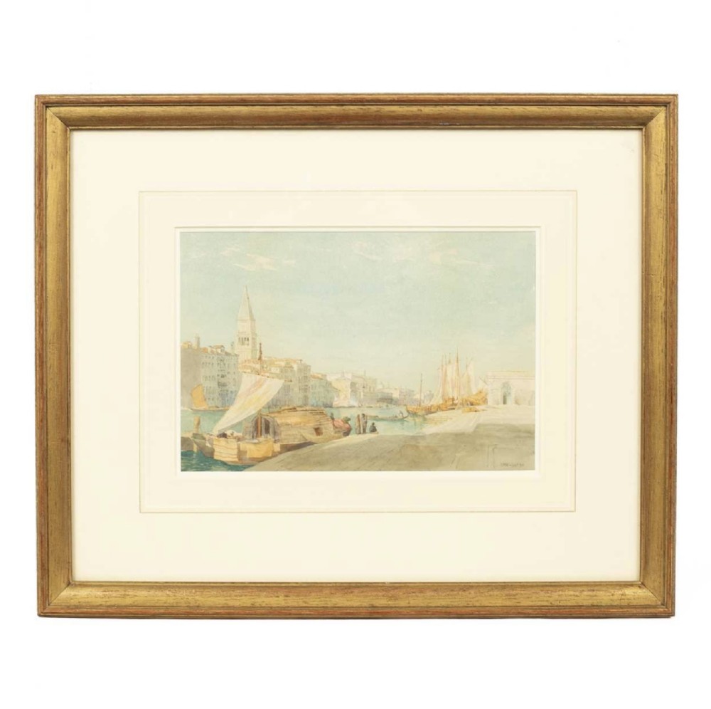 A late nineteenth-century watercolour painting depicting sailing vessels and figures at the steps of Santa Maria della Salute along the Grand Canal in Venice. View II