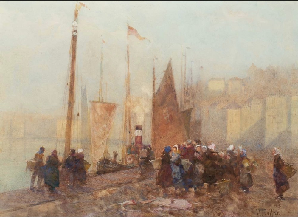 An antique watercolour painting by Hector Caffieri depicting fisherfolk and moored boats along the quay in Boulogne harbour.