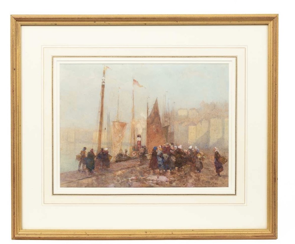 An antique watercolour painting by Hector Caffieri depicting fisherfolk and moored boats along the quay in Boulogne harbour. View II