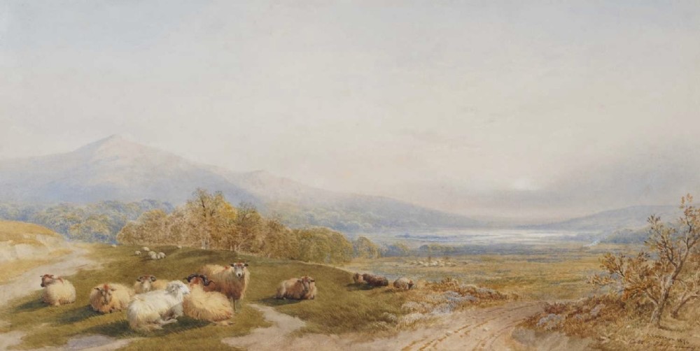 A framed nineteenth-century Victorian watercolour landscape painting depicting a flock of sheep resting on a hill before a mountainous landscape, framed in an ornate gilded wood frame. View II