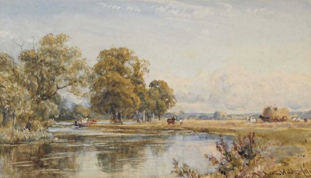 A framed Victorian watercolour painting depicting a tranquil river landscape with trees and figures, set within an ornate gilded frame. View II