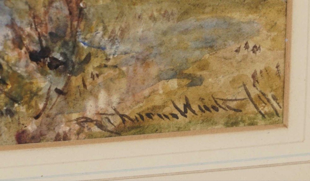 A framed Victorian watercolour painting depicting a tranquil river landscape with trees and figures, set within an ornate gilded frame. View III