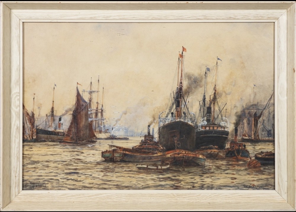A watercolour painting depicting steamships and tugboats gathered on the atmospheric water of the Port of London under an ochre sky. View II