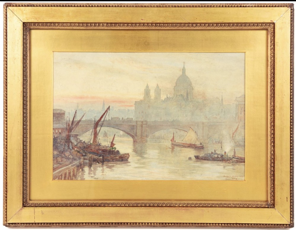 An antique watercolour painting depicting Thames barges in the foreground with St Pauls Cathedral visible through the London mist in the background. View II