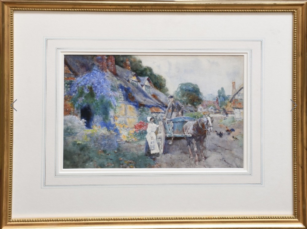 A watercolour painting depicting a man on a horse-drawn cart conversing with a woman outside a thatched cottage draped in blue flowering vines. View II