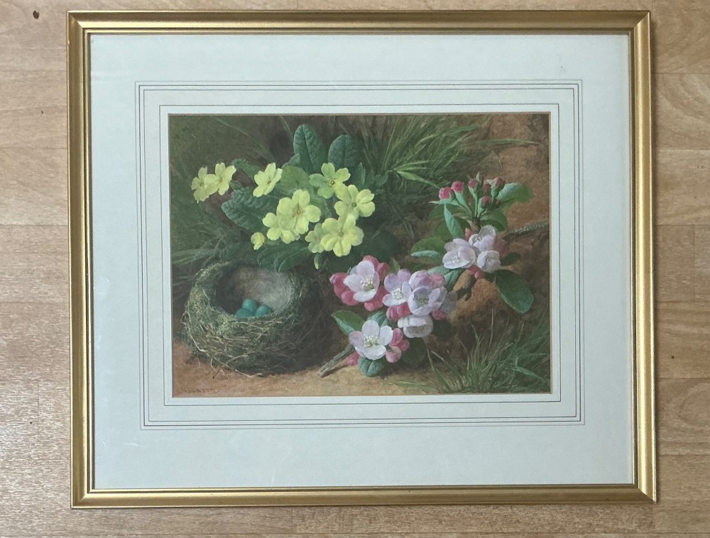 A botanical watercolour painting depicting yellow primroses, blooming pink apple blossom branches, and a small bird nest containing teal eggs on a mossy ground. View II