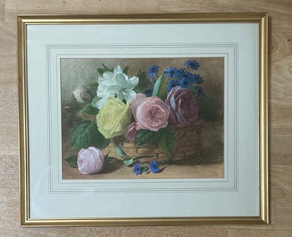 A 19th-century watercolour painting depicting pink, yellow, and white roses alongside blue flowers arranged inside a woven wicker basket. View II
