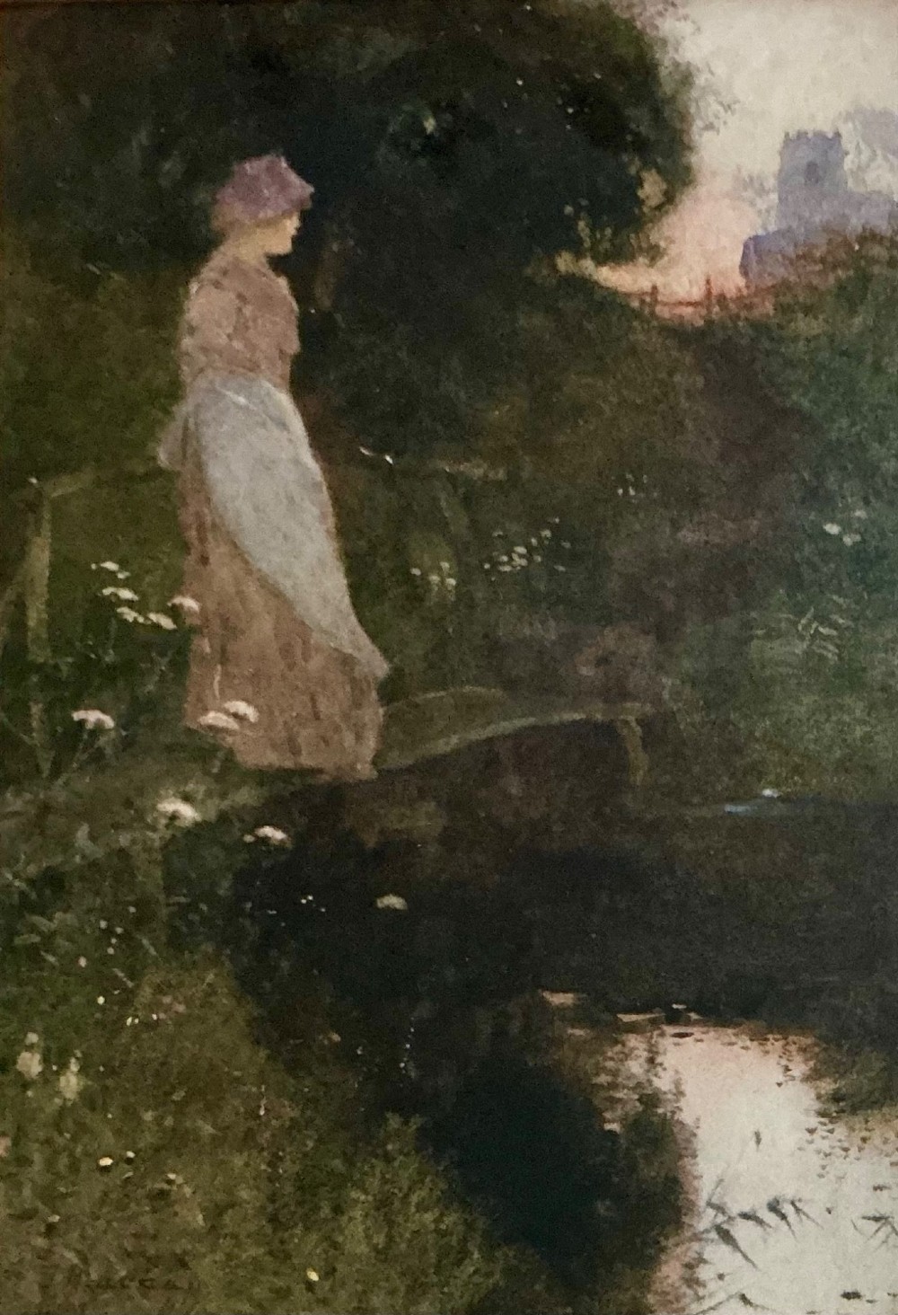 A watercolour painting depicting a female figure in traditional dress standing on a wooden bridge across a stream at dusk with a church spire in the background.