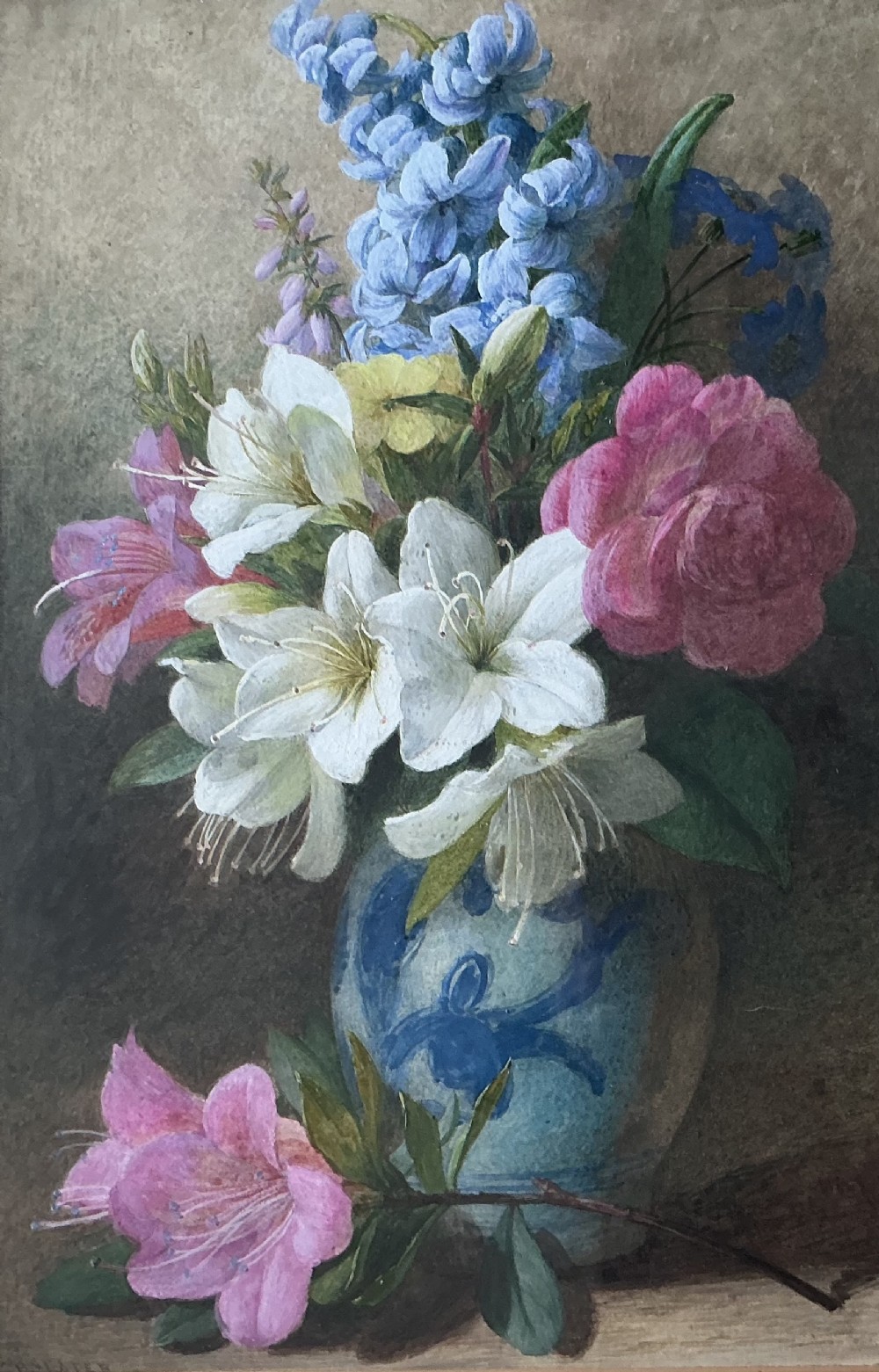 A Victorian watercolour painting depicting a blue ceramic vase filled with white, pink, and blue summer flowers resting on a wooden surface.