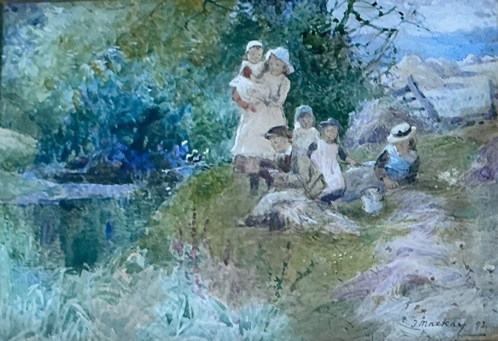 THOMAS MACKAY WATERCOLOUR’ CHILDREN FISHING BY A STREAM’