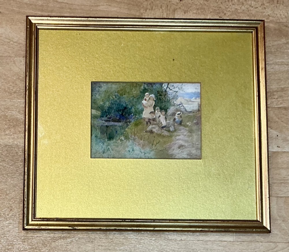 THOMAS MACKAY WATERCOLOUR’ CHILDREN FISHING BY A STREAM’ View II