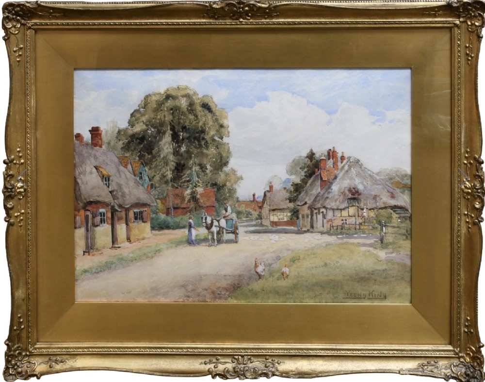 An original watercolour painting depicting an English village street with thatched cottages, figures conversing by a horse and cart, and chickens in the foreground. View II