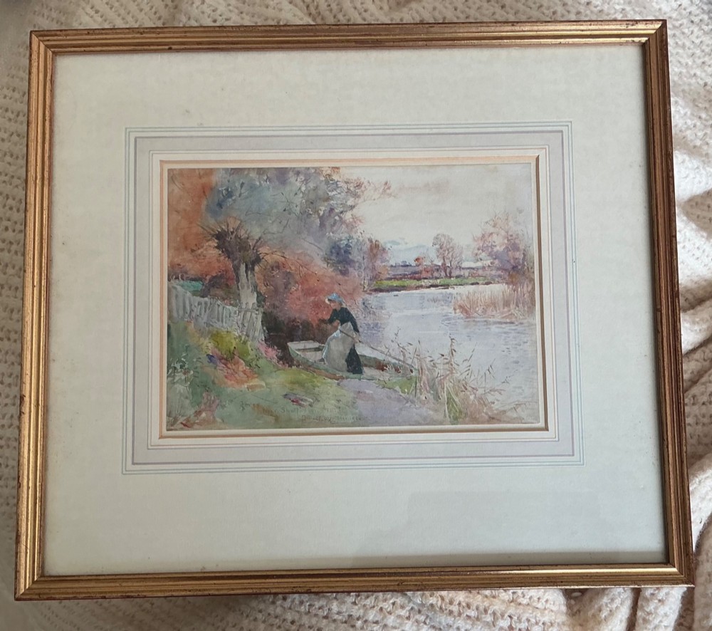 An antique watercolour painting depicting a figure operating a small ferry boat along a tree-lined river near Stratford-on-Avon. View II