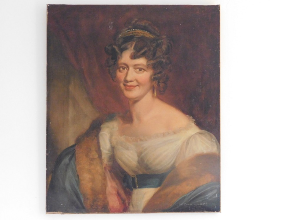 A 19th-century oil painting on canvas depicting a seated woman with dark curled hair wearing a white dress and brown fur cloak against a dark crimson backdrop.
