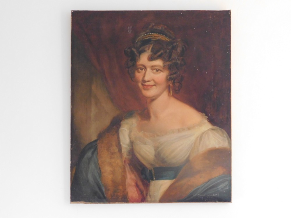 A 19th-century oil painting on canvas depicting a seated woman with dark curled hair wearing a white dress and brown fur cloak against a dark crimson backdrop. View II