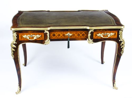 fig 1. Antique French Kingwood Parquetry Ormolu Bureau Plat Desk 19th C