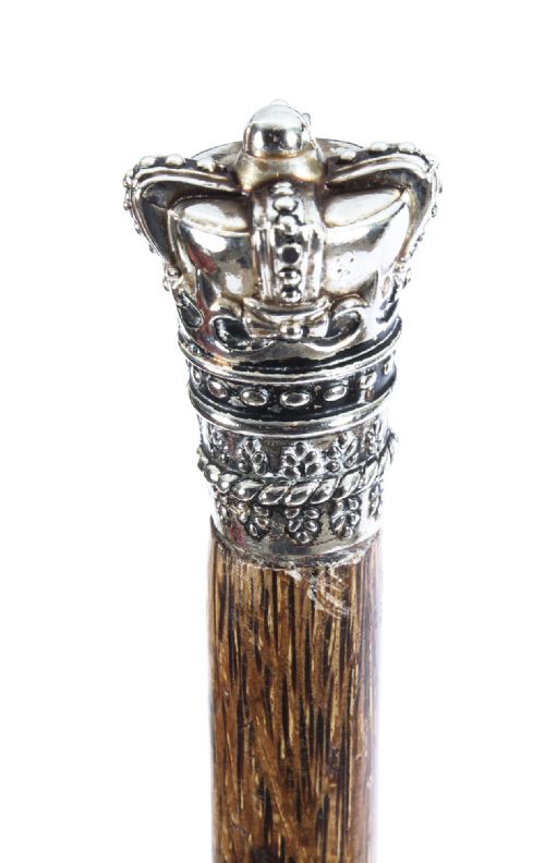 Antique Silver Crown Palmwood Walking Stick Cane 19th C