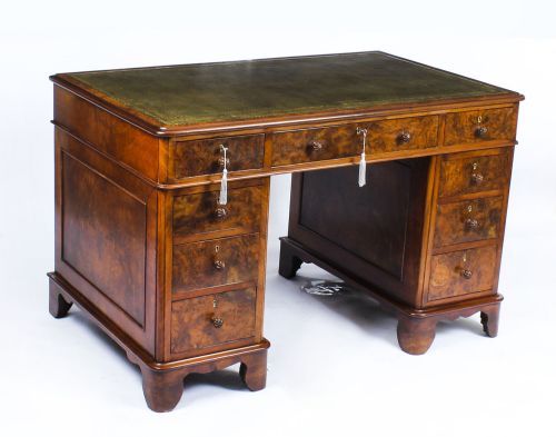 Antique Victorian Burr Walnut Pedestal Desk 19th C