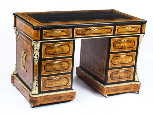 Antique Burr Walnut, Olive Wood, Ebonised, Ormolu Mounted Pedestal Desk 19th C
