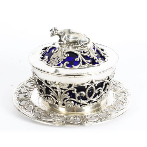 Antique Old Sheffield Silver Plated & Bristol Blue Glass Butter Dish 19th C
